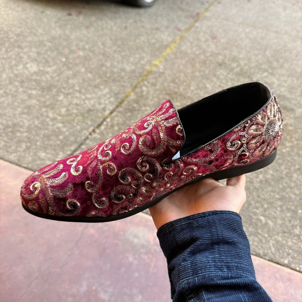 Santimon‎ Men's US 12 Red Velvet Silver Stitching Smoking Loafers Dress Shoes